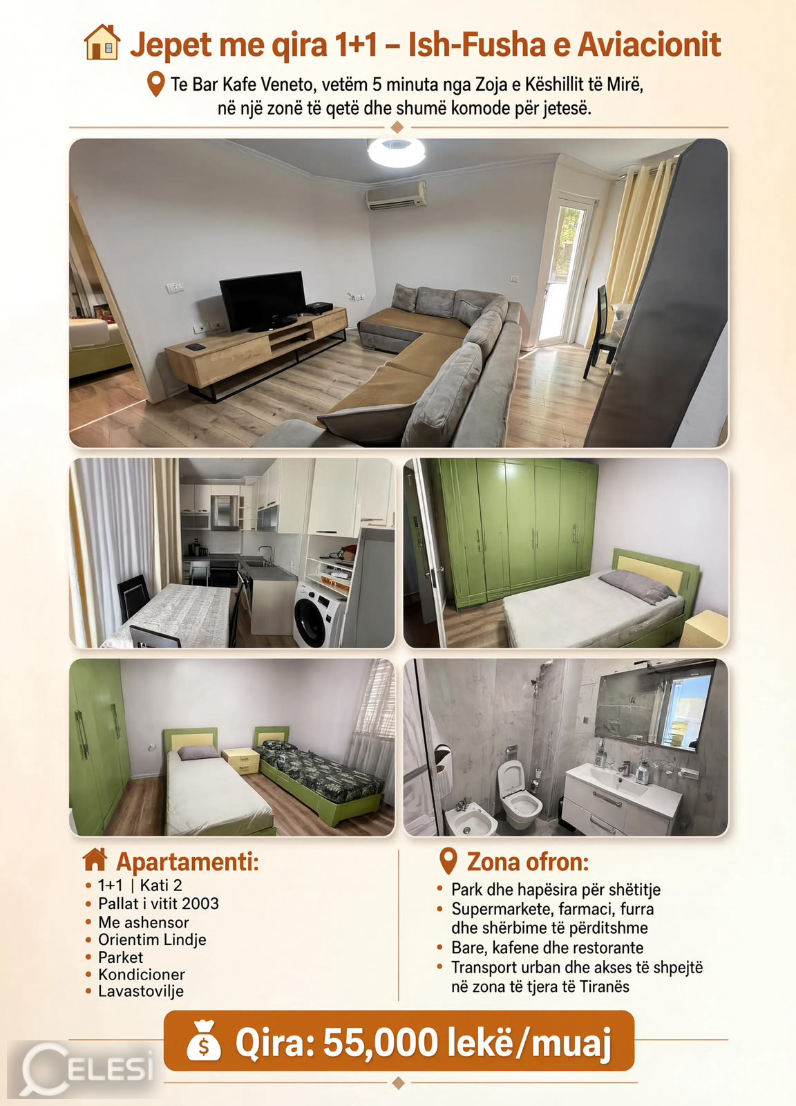 Jepet apartament me qera 1+1 tek ish fusha e aviacionit , prane bar kafe veneto . – Fusha Aviacionit